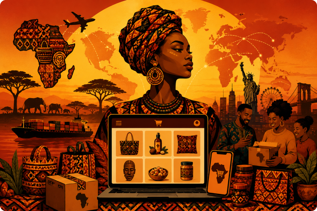 African woman with marketplace laptop